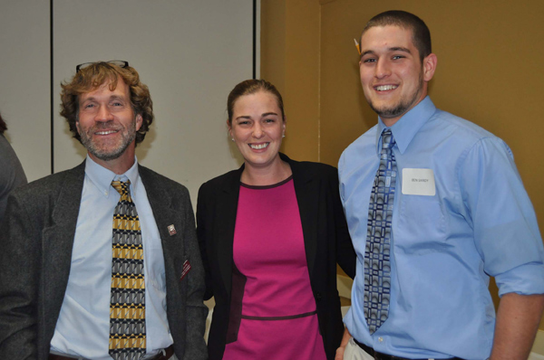 Left to right: Stephen Davis, UMF career counselor; Samantha DePoy-Warren, class of 2006; and Benjamin Sandy, UMF senior from Vassalboro. (UMF Photo)