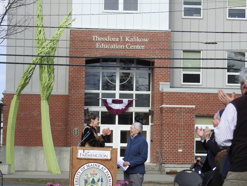 Kathryn Foster, current University of Maien at Farmington president, introduces Theodora Kalikow, former UMF president for nearly two decades for whom the Education Center is named for at a dedication held Tuesday.