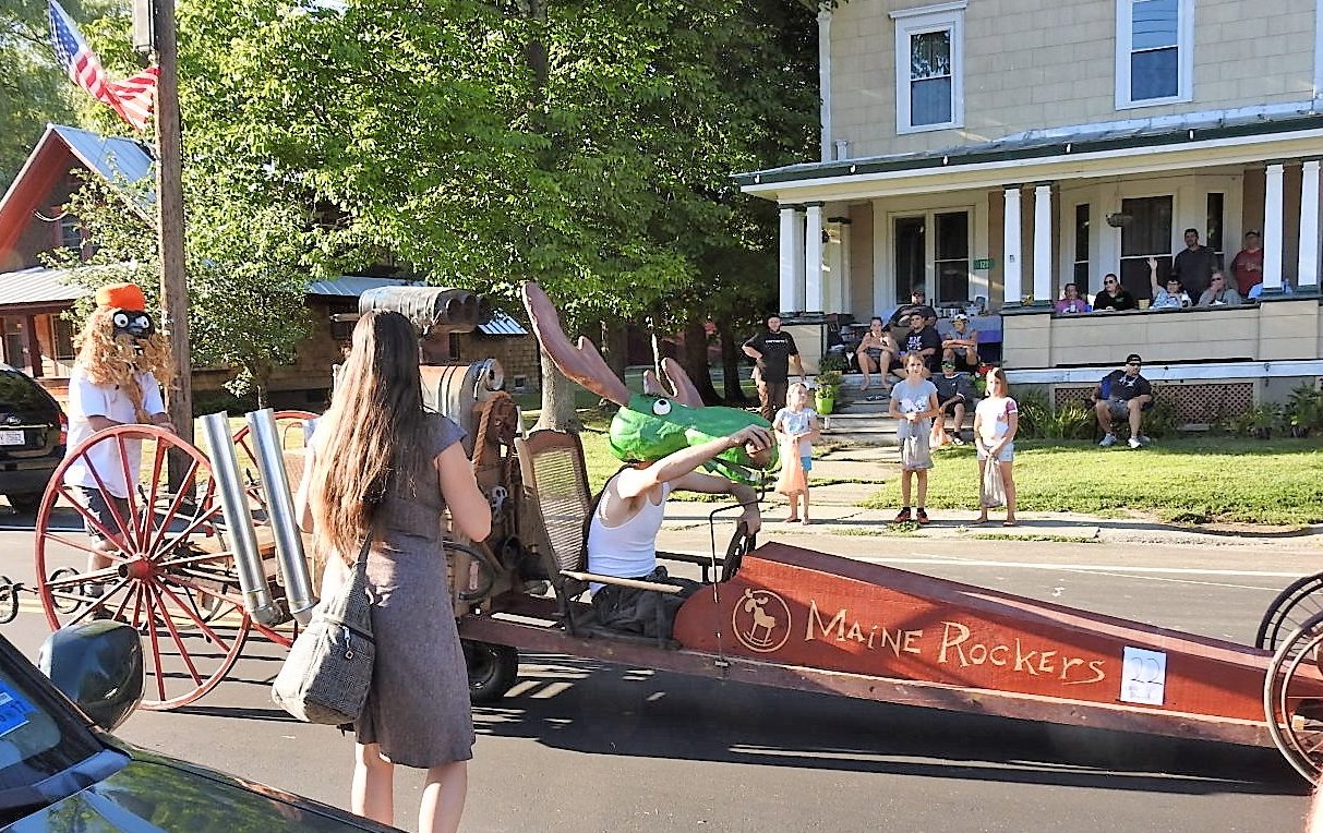 A wooden drag racer, created by Maine Rockers.